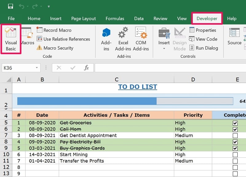 Visual Basic from Developer tab in Excel