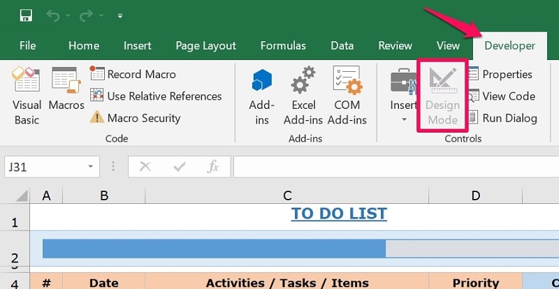 Option Mode de conception dans l'onglet Développeur d'Excel