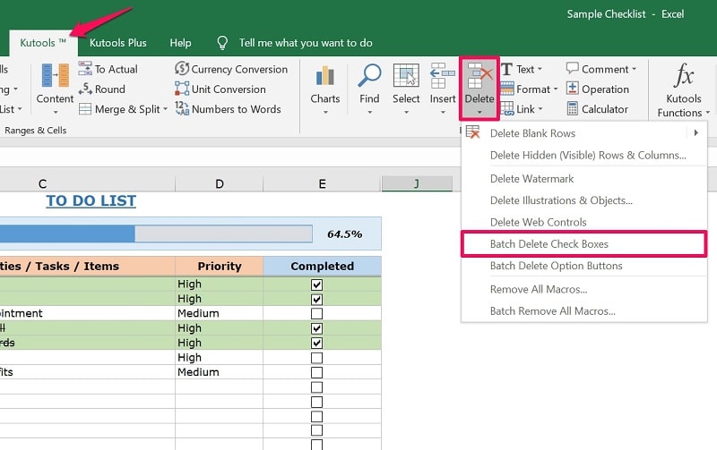 Batch delete check boxes in Kutools for Excel