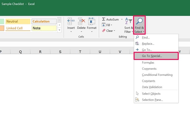 Aller à Spécial à partir de Rechercher & Sélectionner sur Excel