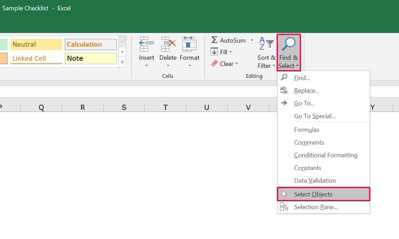Sélectionner des objets à partir de la fonction Rechercher & Sélectionner dans Excel