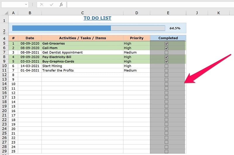 Select the checkboxes you want to remove on Excel