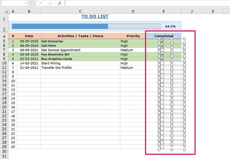 Press the Delete key to remove part of checkboxes on Excel