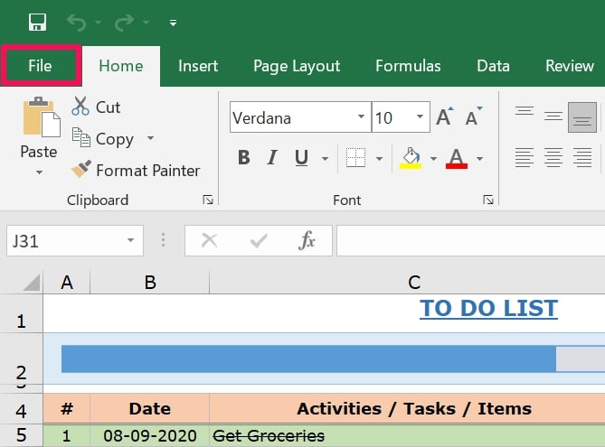 Onglet Fichier de la barre de menu dans Excel