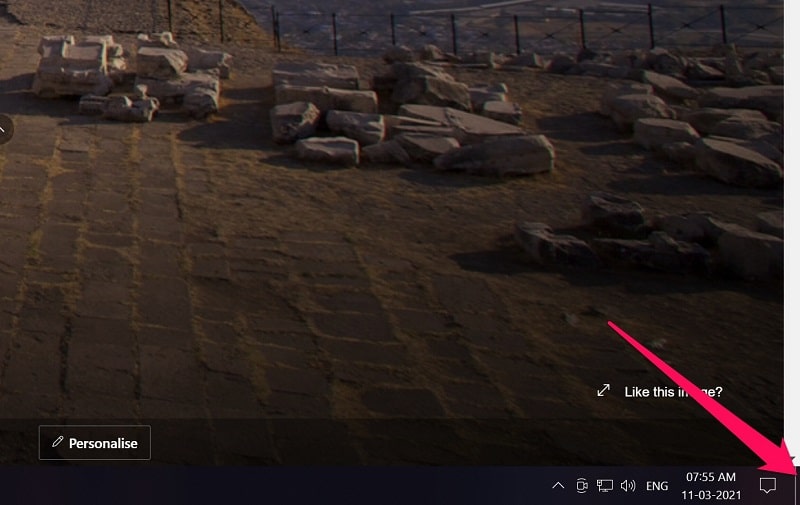 click the extreme right side of the taskbar to go to desktop on Windows 10