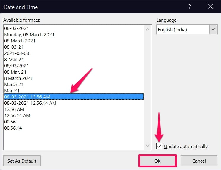 Date & Time formats and Update automatically in Word