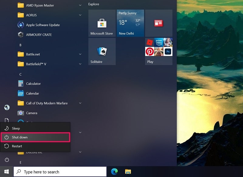 Shut down with Shift key on Windows 10