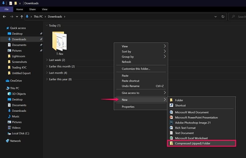Create a new ZIP file on Windows 10