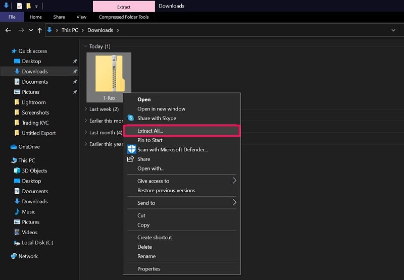 Unzip files without WinZIP using Extract all function on Windows 10