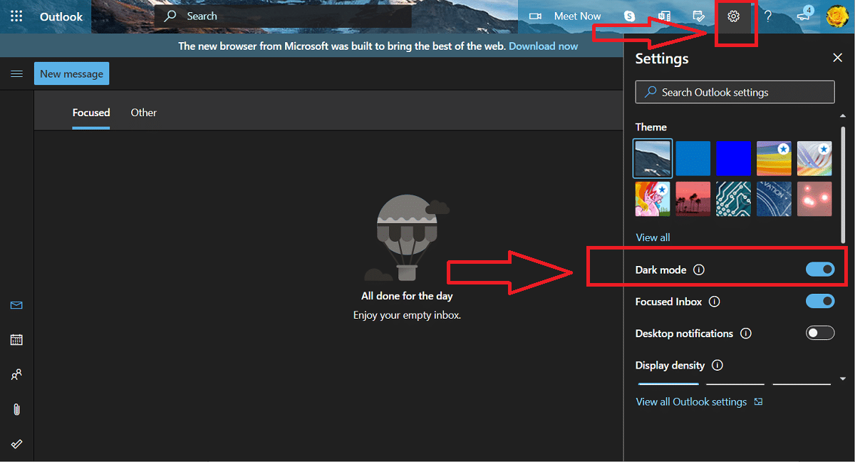 Microsoft Outlook’s “Dark mode” setting 