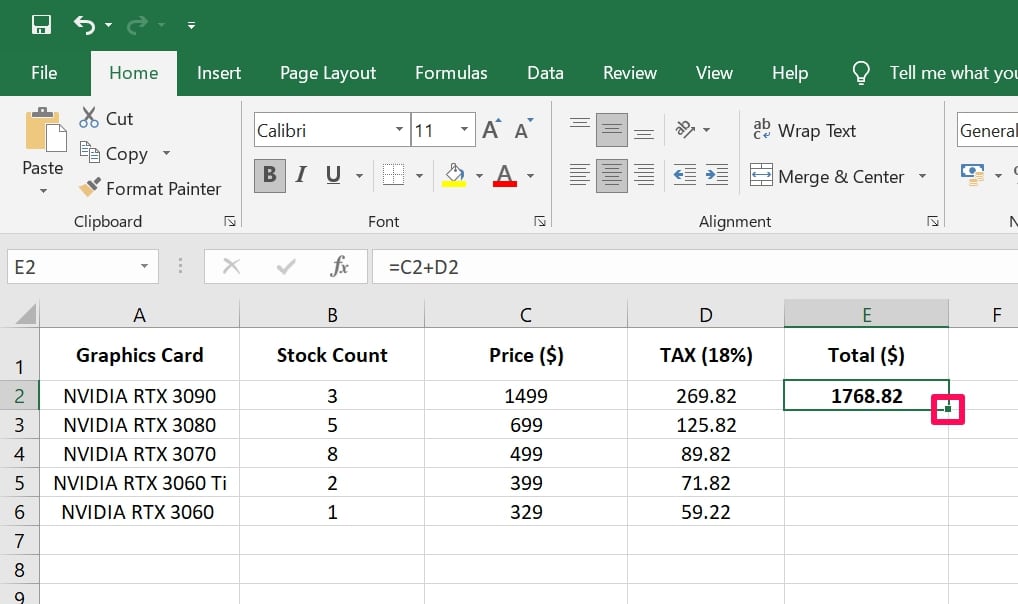 move cursor to the bottom-right corner of the excel cell