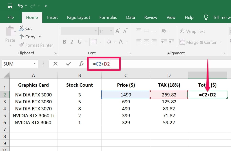 type the formula in the excel bar