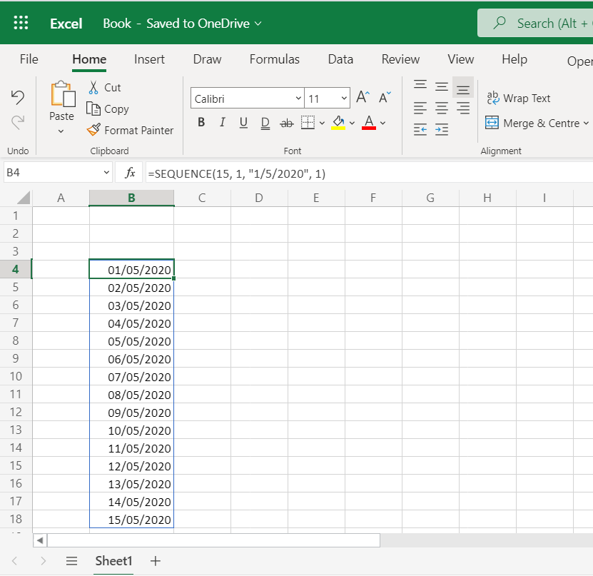 Use SEQUENCE function to autofill dates in Excel