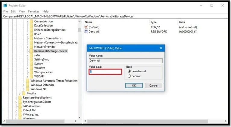 change value data from zero to one to disable usb storage access using registry editor