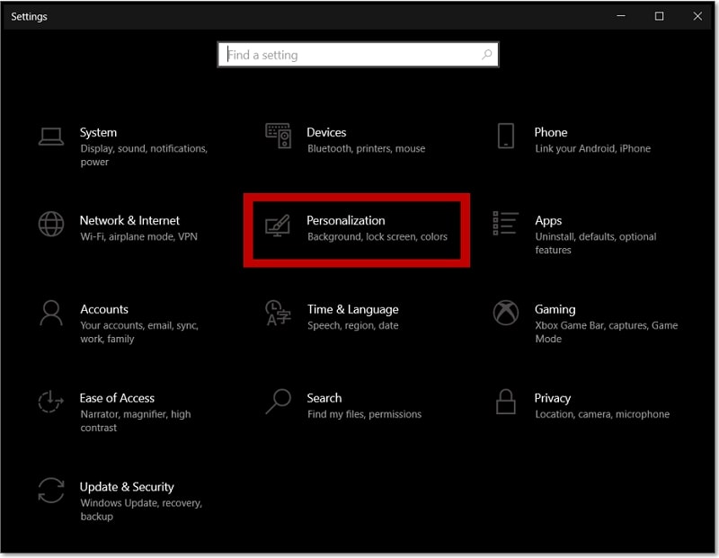Personalization from Windows 10 settings