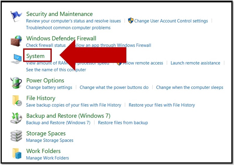 System from System and Security on Windows 10