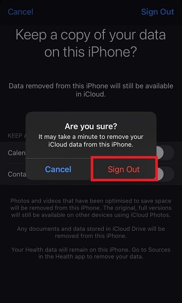 Confirm to sign out the Apple ID