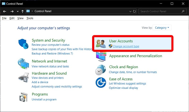Change account type for reset Default Administrator Password on Windows 10