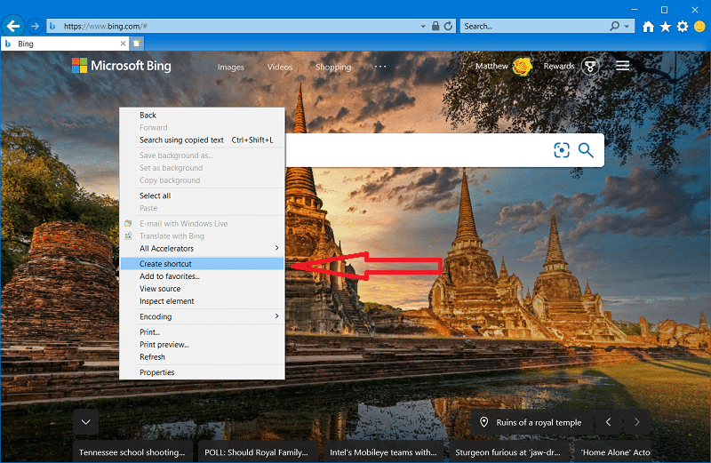 L'option Créer un raccourci dans Internet Explorer Windows 10