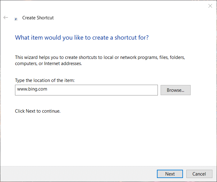 The Create Shortcut window on Windows 10