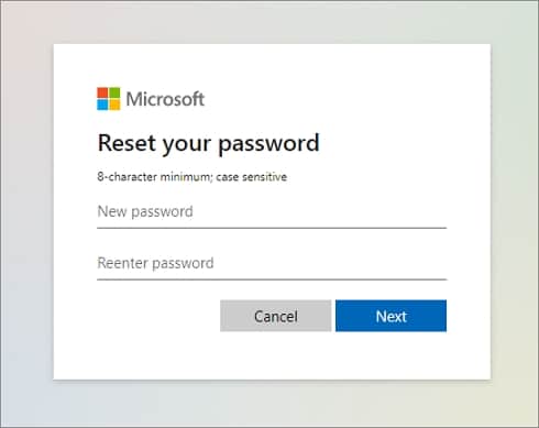 Enter the new password in Microsoft account reset