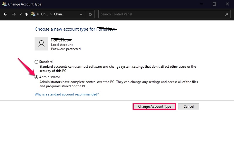 Choose a new account type for the selected account on Windows 10