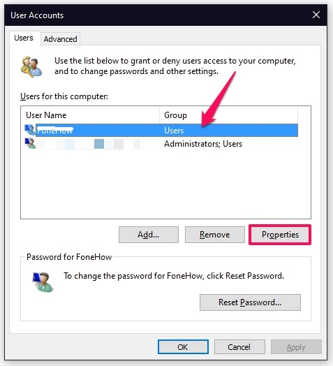 Sélectionnez le compte utilisateur dont vous souhaitez modifier le type sur Windows 10 Netplwiz