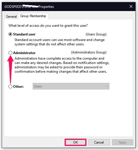 Select Administrator or Standard User to change the account type on Windows 10