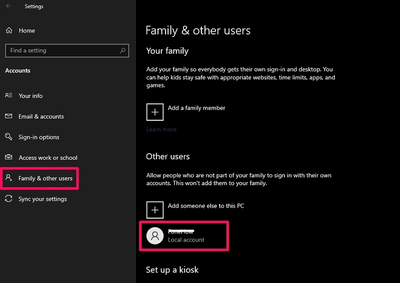 Family & other users on Windows 10 settings