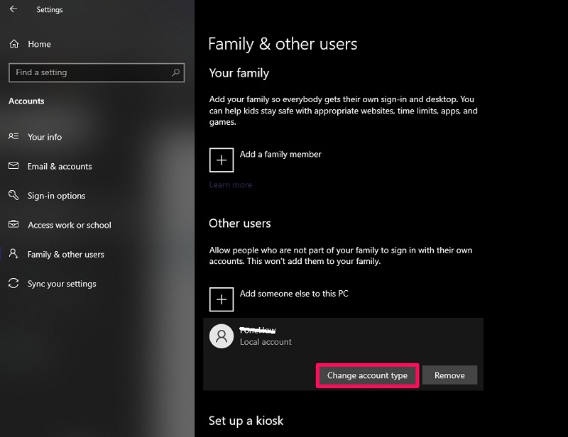 Change account type on Windows 10 settings