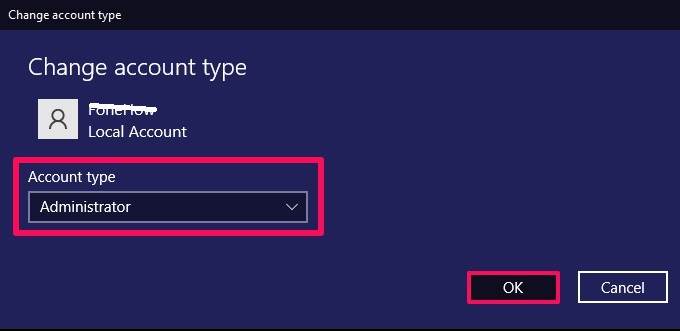Change account type between administrator and standard on Windows 10 settings