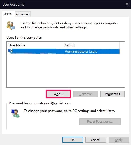 Add new user account on Netplwiz Windows 10