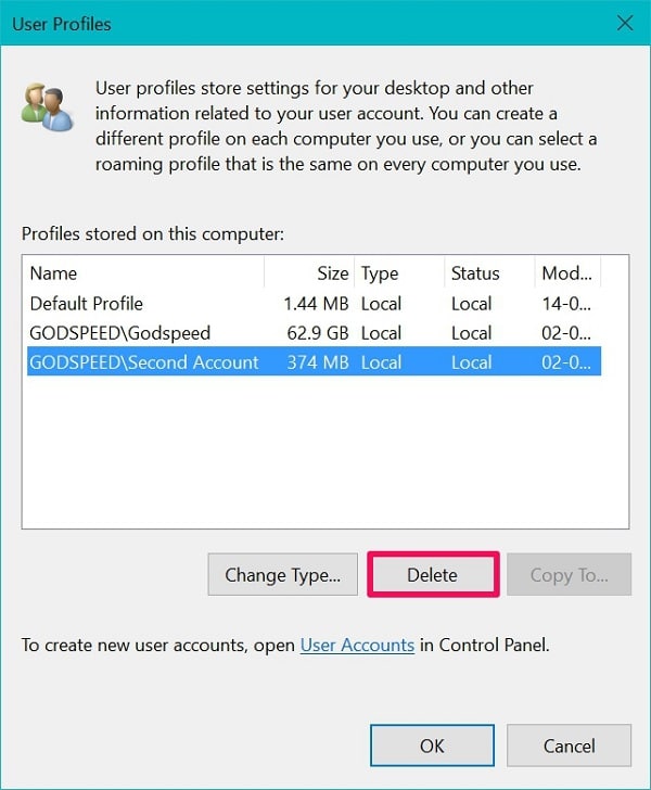 Select the user profiles and delete on Windows 10