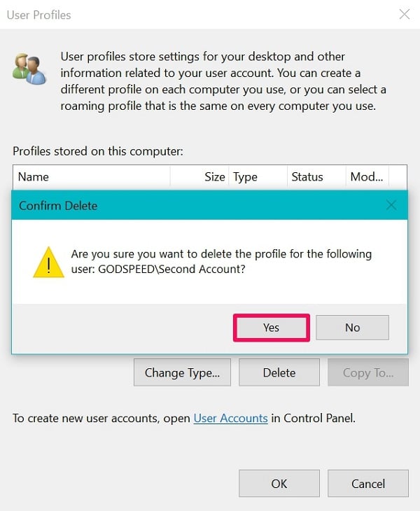 Confirm to delete the user profile on Windows 10