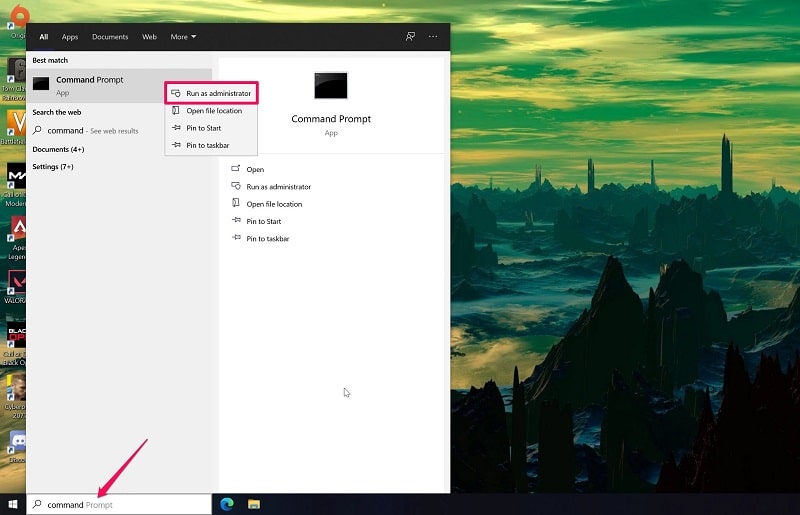 Open Command Prompt as administrator on Windows 10