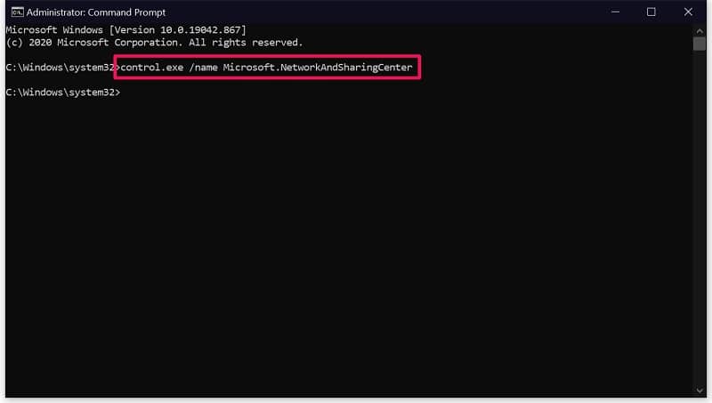 Run the code on Command Prompt to Open Network and Sharing Center