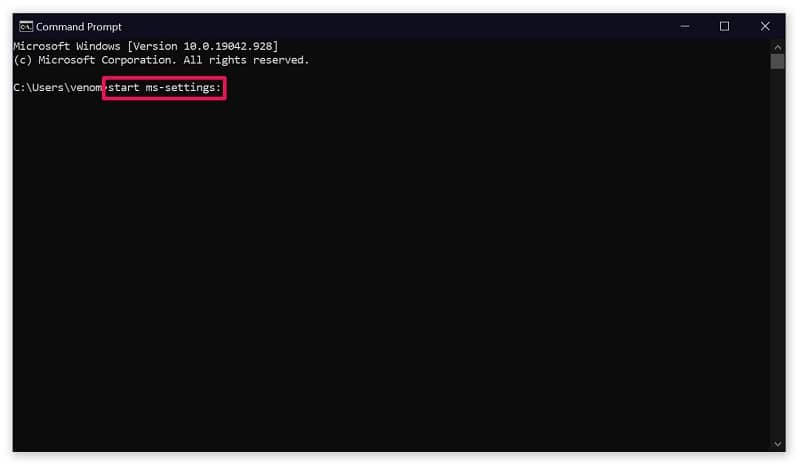 Type command on command prompt to open settings