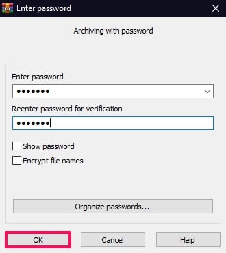 Entrez le mot de passe pour protéger le fichier ZIP sur WinRAR.