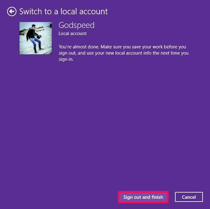 Switch the Microsoft account to a local account in Windows 10