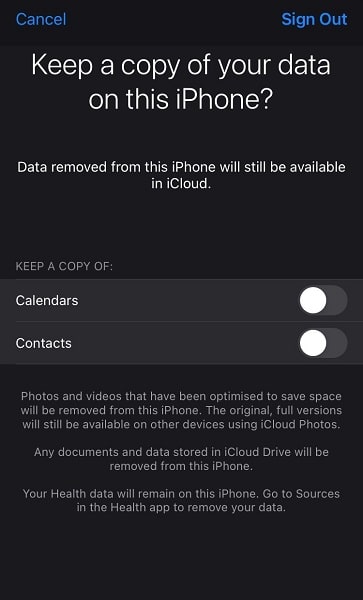 Keep a copy of your data on this iPhone after sign out the Apple ID