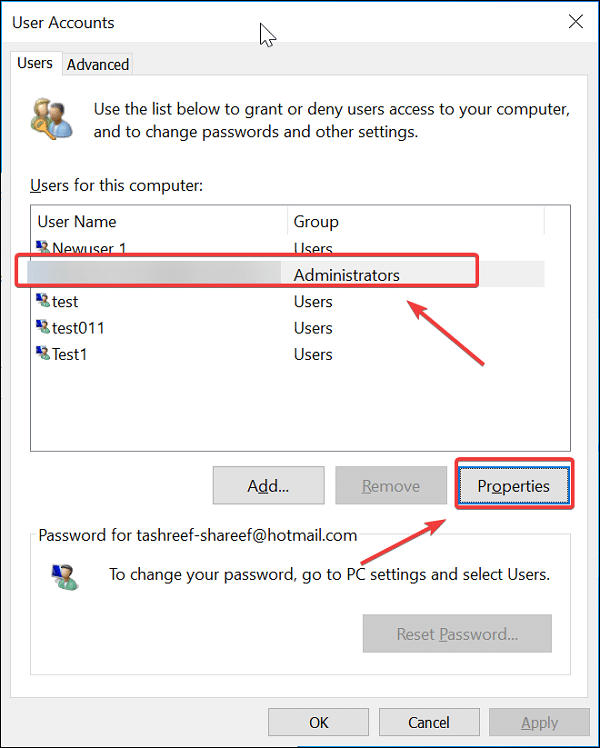 Properties on User Accounts Windows 10