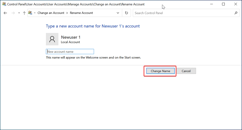Tapez un nouveau nom de compte sur Windows 10