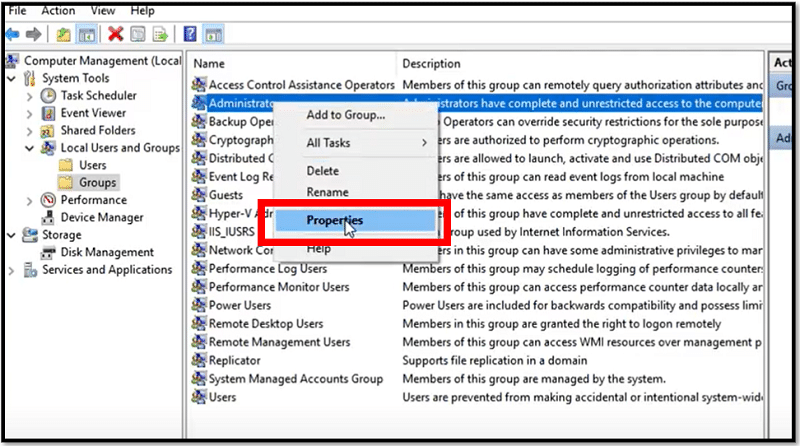 Select Properties on Administrator account Windows 10