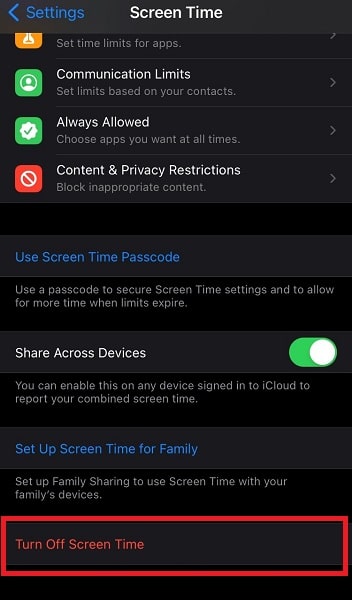 Select Turn off screen time on iPhone