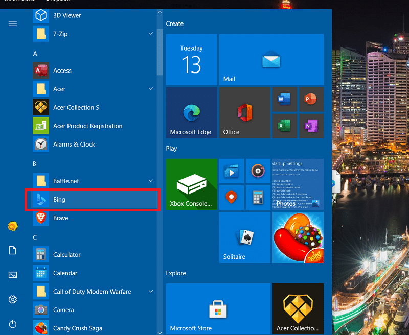 Un raccourci du site Web Bing dans le menu Démarrer Windows 10