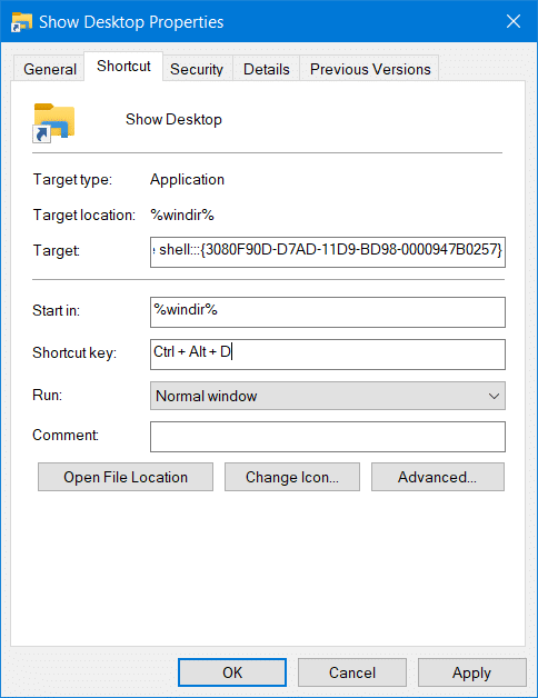 The Show Desktop Properties window on Windows 10