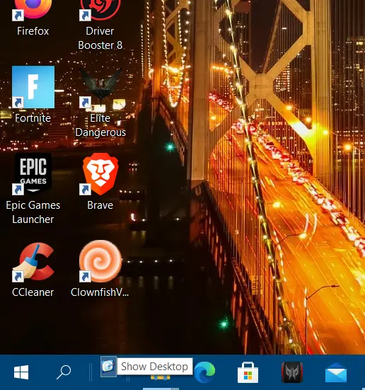 pienempi Näytä työpöydän Pikalaukaisupalkin kuvake Windowsissa 10