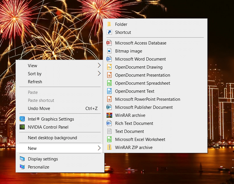 The New Shortcut option on Windows 10