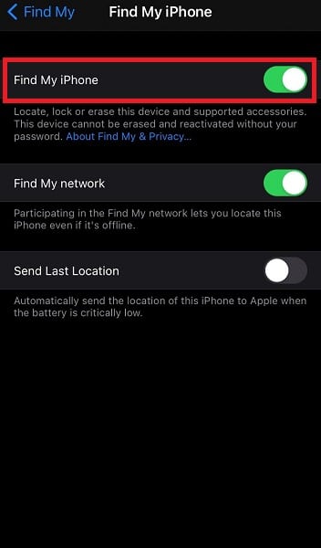 Turn off the Find My iPhone on iPhone