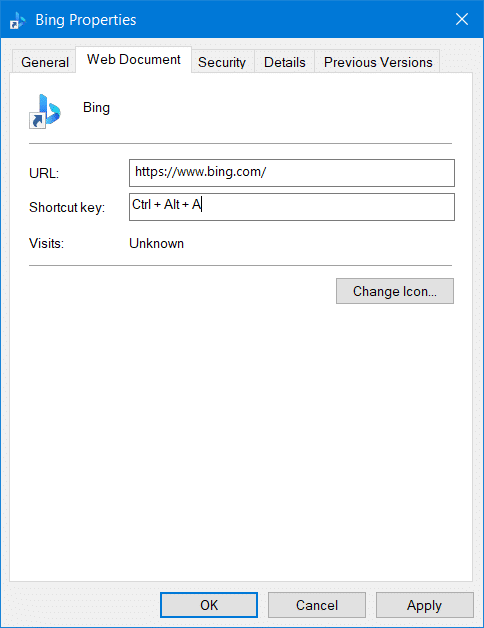La boîte de touches de raccourci du site web sur Windows 10